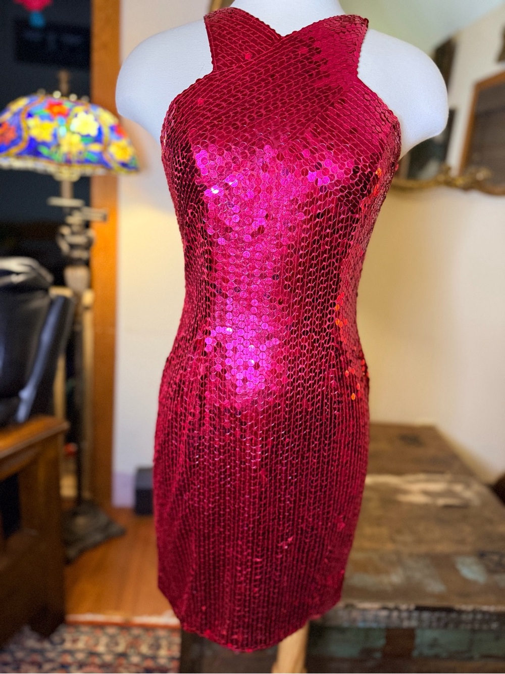 Niteline Vintage Hot Pink Sequin Halter Mini Dress